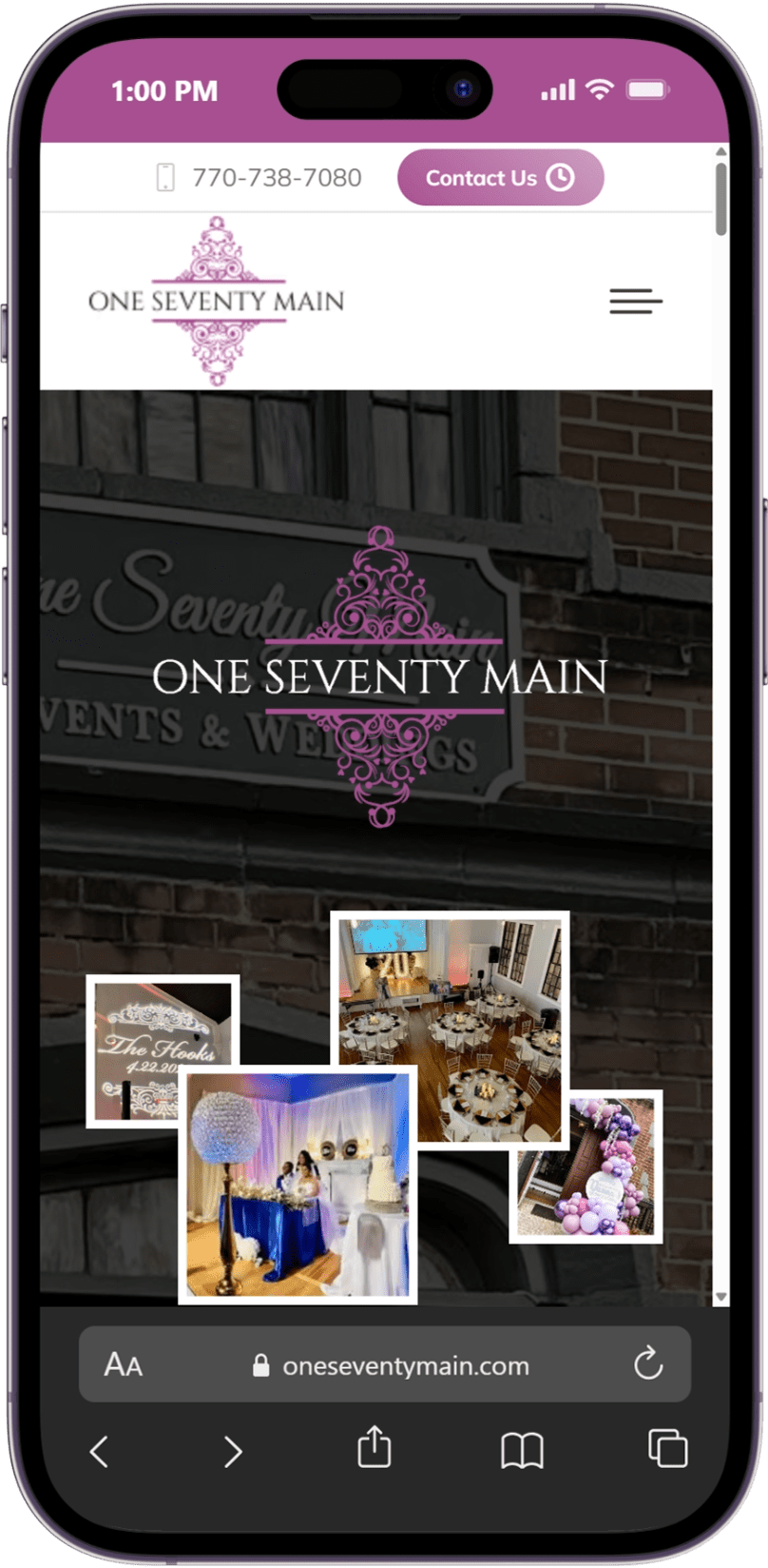 One Seventy Main mobile website screenshot