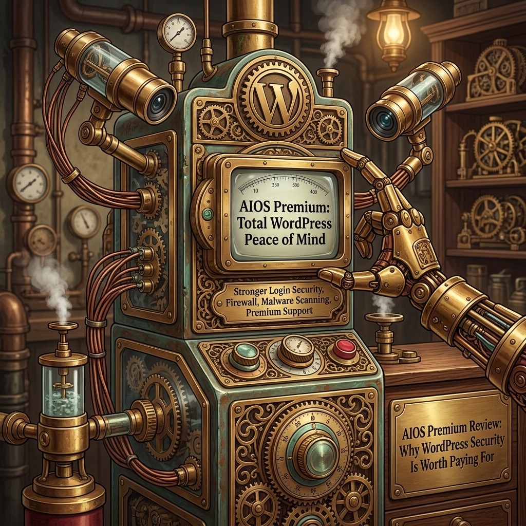 Steampunk-style Machine with a Screen That Reads 'aios Premium: Total Wordpress Peace of Mind' and Brass Gears Amid Pipes and Gauges, Suggesting Security Automation.
