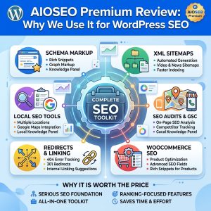 Bright Infographic Titled 'complete Seo Toolkit' Showing Six Feature Panels: Schema Markup, Xml Sitemaps, Local Seo Tools, Seo Audits & Gsc, Redirects & Linking, Woocommerce Seo.