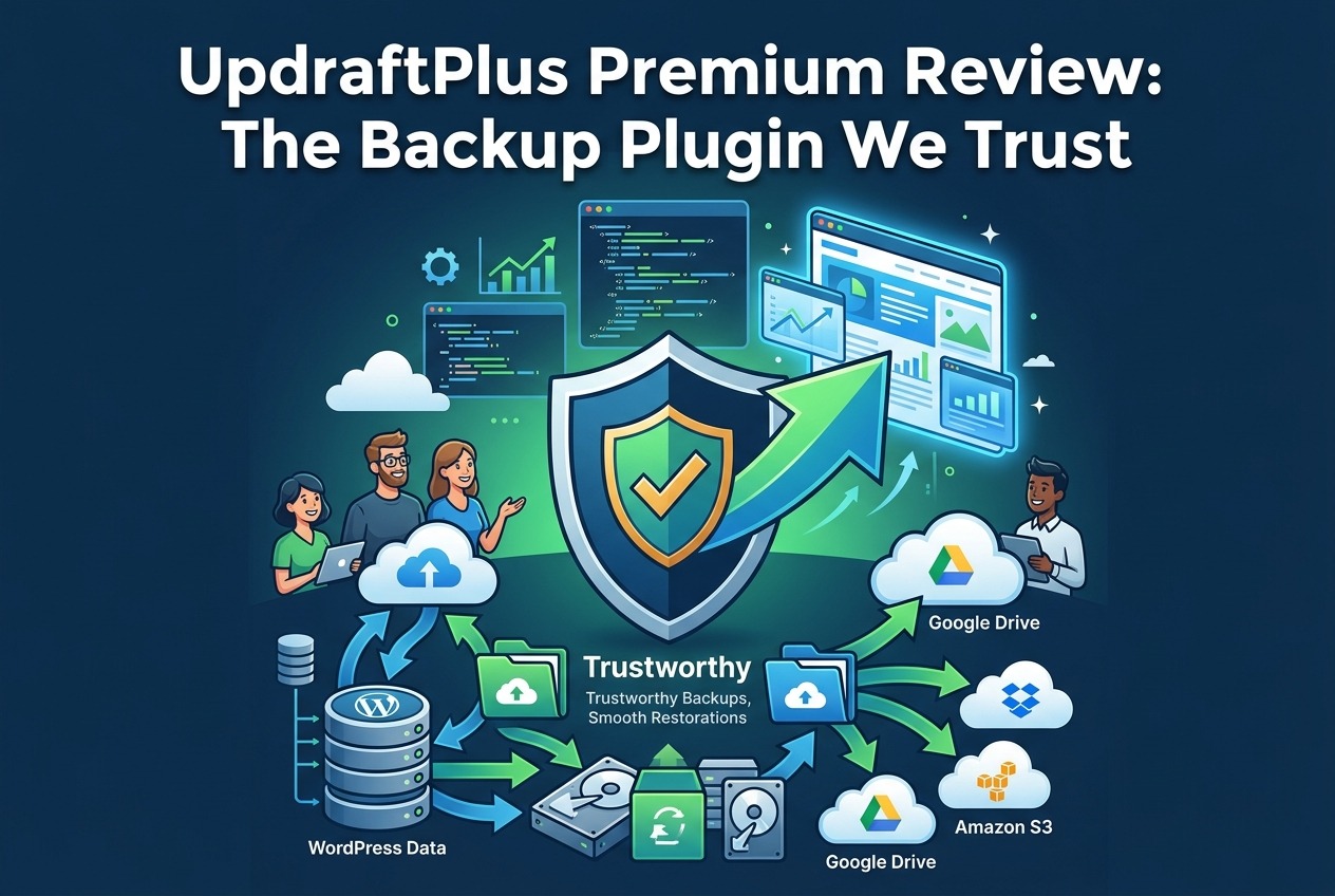 Cover Image for a Review: Shield with a Checkmark and Arrows Symbolizing Secure WordPress Backups to Cloud Storage