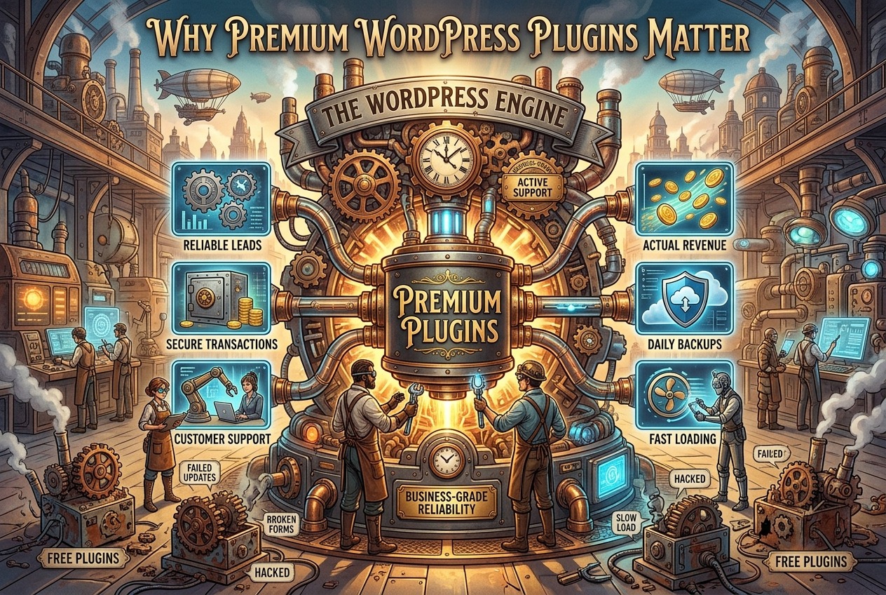 Premium WordPress Plugins - DS Ragland Central Steampunk Device Labeled Premium Plugins Powering WordPress with Panels Signaling Reliable Leads, Secure Transactions, and Customer Support Nearby the Gears.